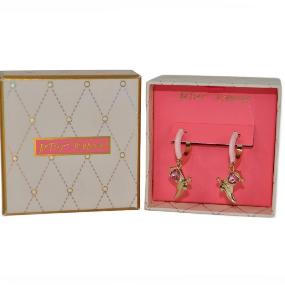 Betsey Johnson Gold and Pink Cowboy boots  Earrings new in box